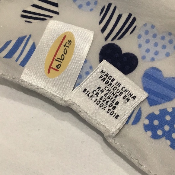 Blue & black patterned hearts border white silk scarf EUC - Picture 3 of 4